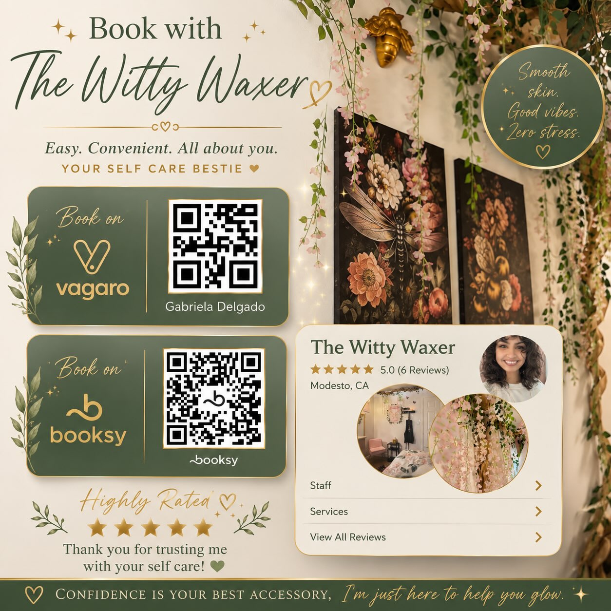 Book your next wax with me! 🌿🌸I tried to make life easier and have two ways for y’all to get on my books. Can’t wait to see you lovely humans.🌸🌿#waxing209 #modestowaxing #booksy #vagaro #bookwithme
